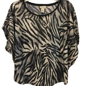 Tru Self XL Top Shiny, Black Beige Zebra Print Scoop Neck Bat Wings Short Sleeve